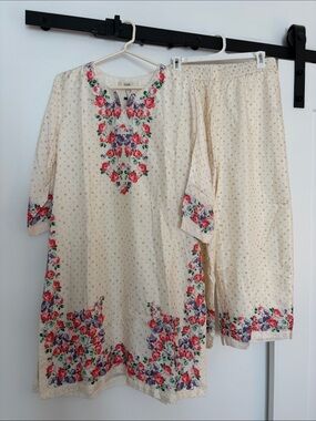 Vark Cream Floral Embroidered Kurta and Palazzo Set (Top and Pants )